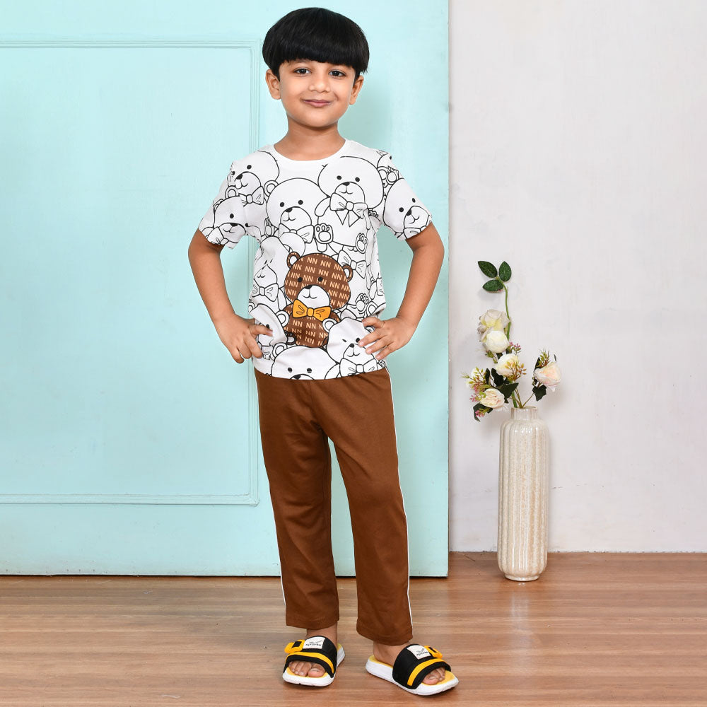 White Bear Theme Short Sleeves Night Suit-Brown & Grey