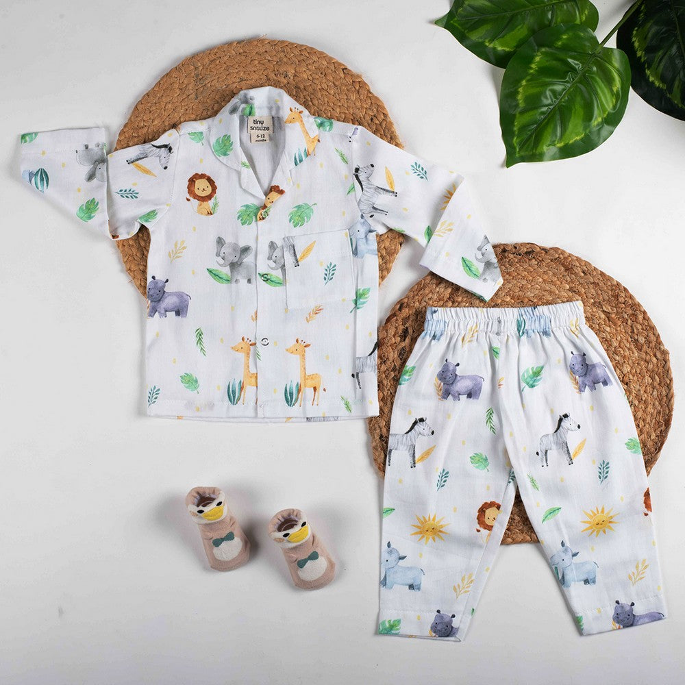White Safari Animal Theme Full Sleeves Organic Cotton Night Suit