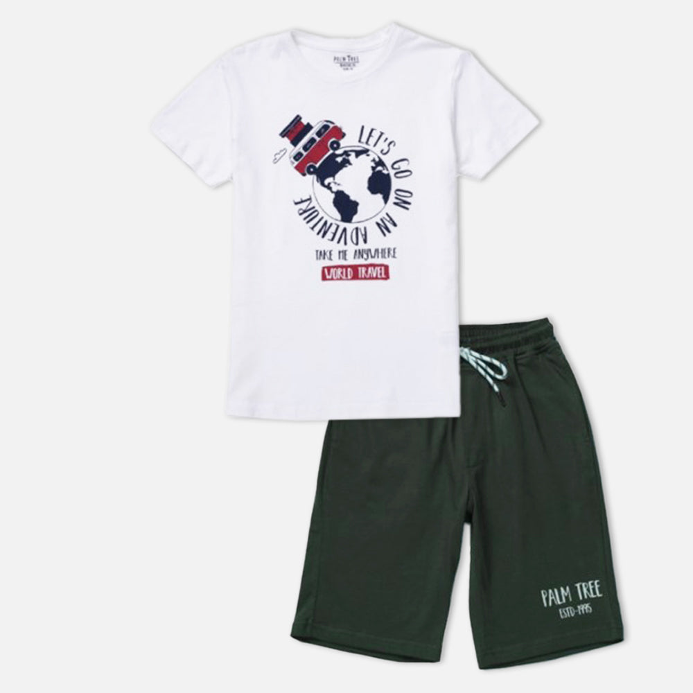 White Half Sleeves Cotton T-Shirt With Green Shorts