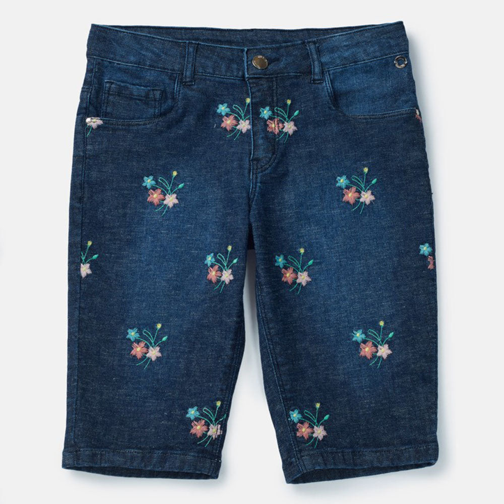 Blue Floral Embroidered Denim Shorts