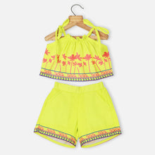 Load image into Gallery viewer, Crop Top With Shorts Co-Ord Set- Blue, Neon Green &amp; Yellow
