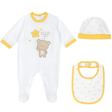 Load image into Gallery viewer, Yellow &amp; Blue Full Sleeves Footsie With Cap &amp; Bib Gift Set (Newborn To 3months)
