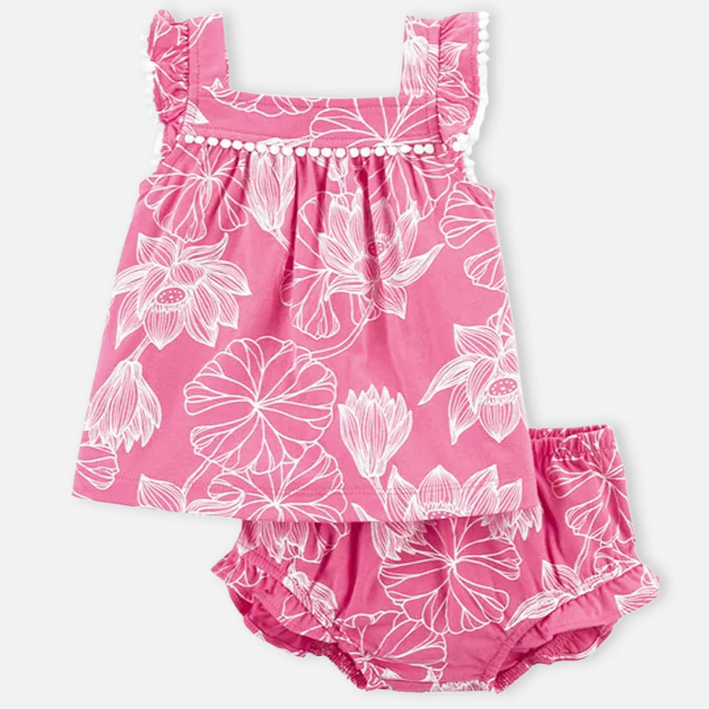 Pink Floral Cotton Dress With Bloomer