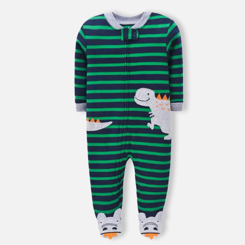 Blue Dino Applique With Striped Printed Full Sleeves Footsie
