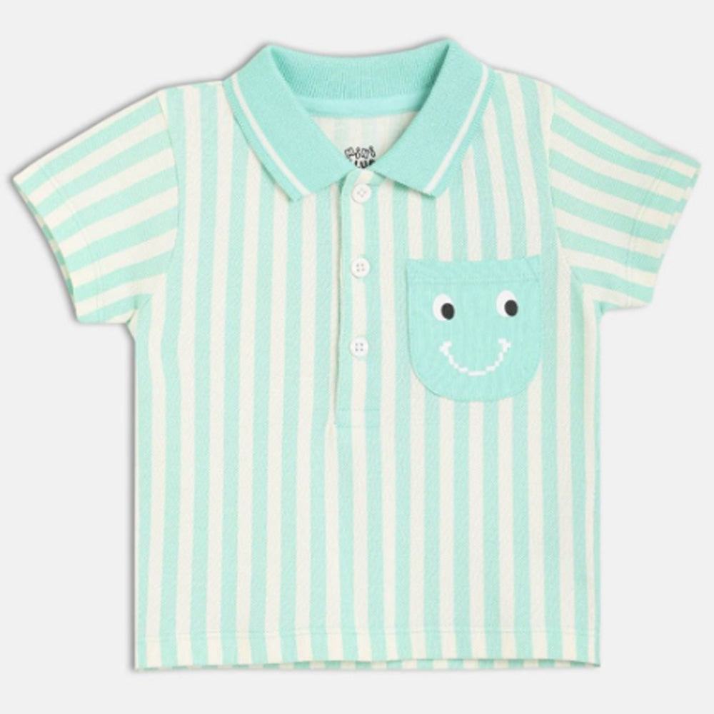 Blue Striped Polo Collar Cotton T-shirt