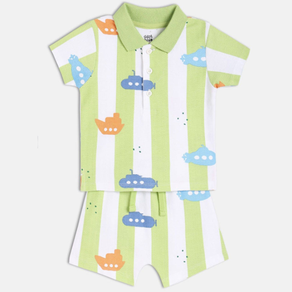 Green Striped Polo Collar Pure Cotton T-Shirt With Shorts