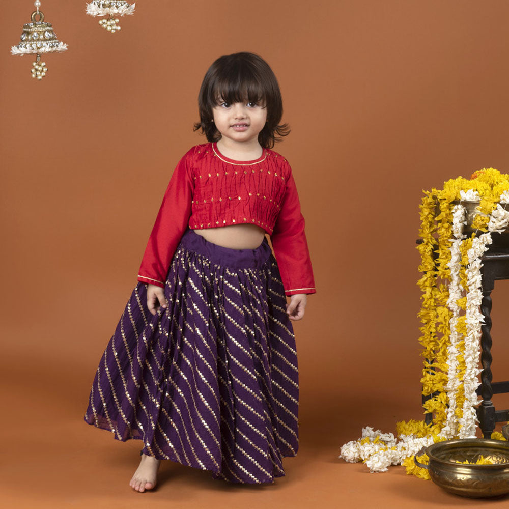 Red Sequin Work Top & Purple Ghagra