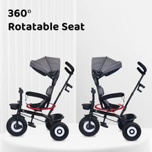 Load image into Gallery viewer, Grey Tiny Toes T40 Ace Tricycle With 360 Rotatable Seat, Adjustable Canopy, Parental Control, Front &amp; Rear Baskets
