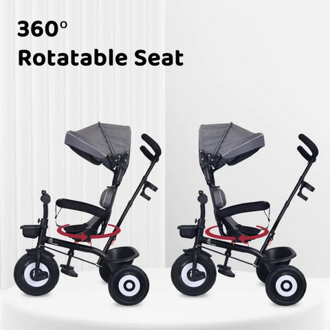 Grey Tiny Toes T40 Ace Tricycle With 360 Rotatable Seat, Adjustable Canopy, Parental Control, Front & Rear Baskets