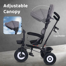Load image into Gallery viewer, Grey Tiny Toes T40 Ace Tricycle With 360 Rotatable Seat, Adjustable Canopy, Parental Control, Front &amp; Rear Baskets
