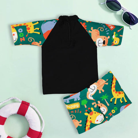 Black Forest Theme T-Shirt With Green Short Swimwear Set