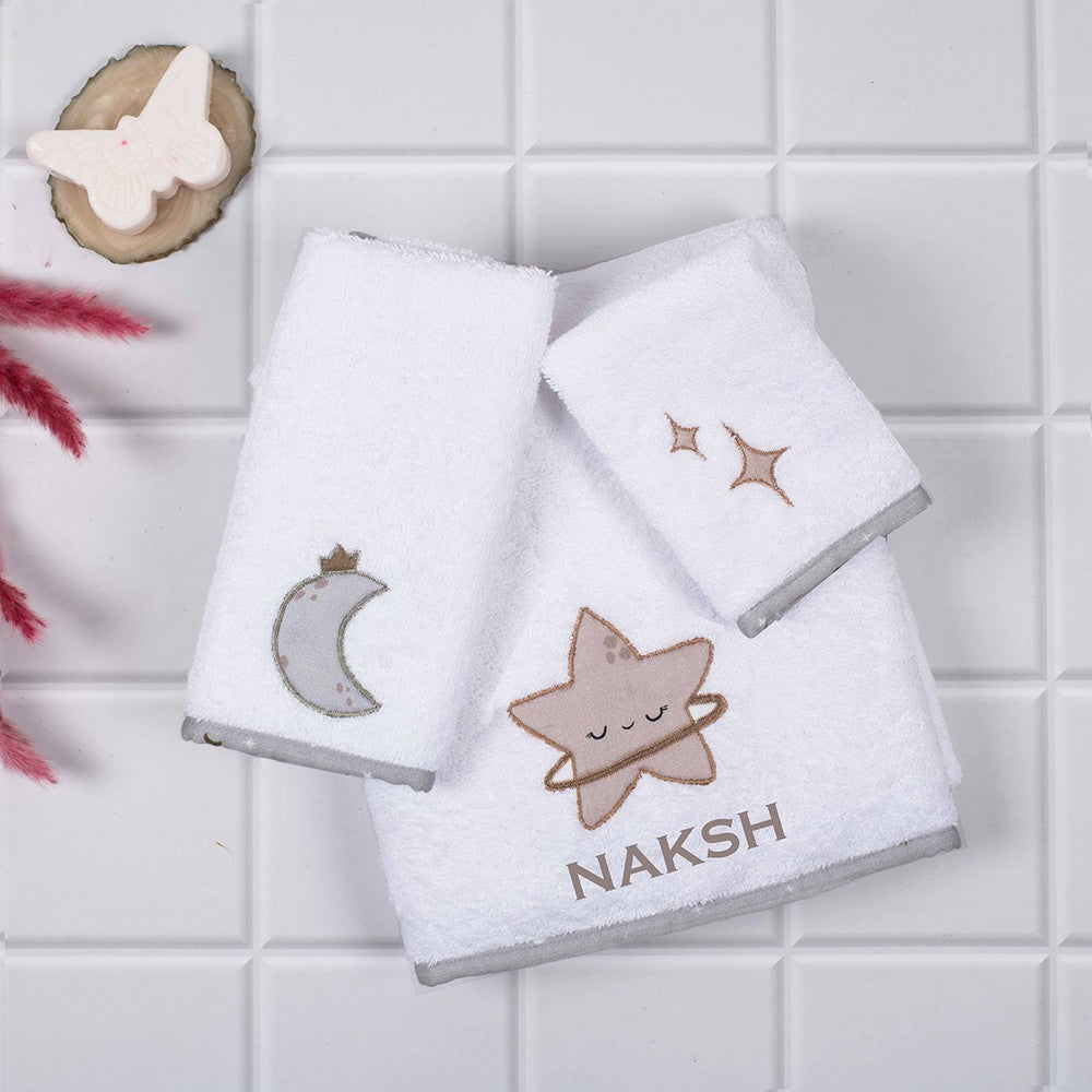 White Starry Night Theme Towels, Hand Towel & Face towel- Set Of 3