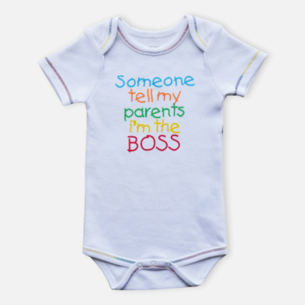 White Typographic Printed Half Sleeves Onesie