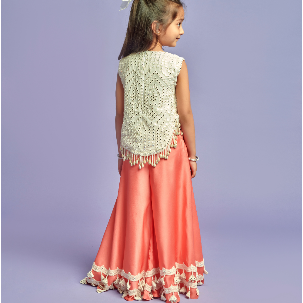 White Embroidered Top With Peach Palazzo