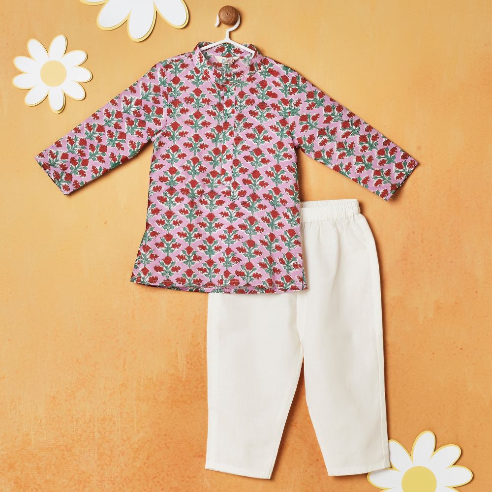Pink Floral Printed Kurta With White Pajama