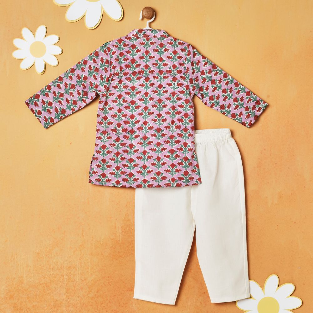 Pink Floral Printed Kurta With White Pajama
