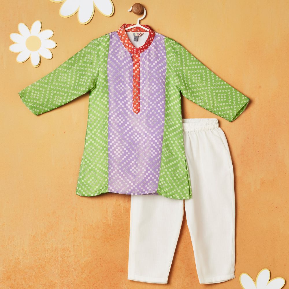 Green  Bandhani Printed Kurta With White Pajama