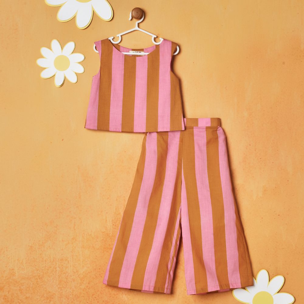 Pink & Brown Striped Top With Pant Co-Ord Set