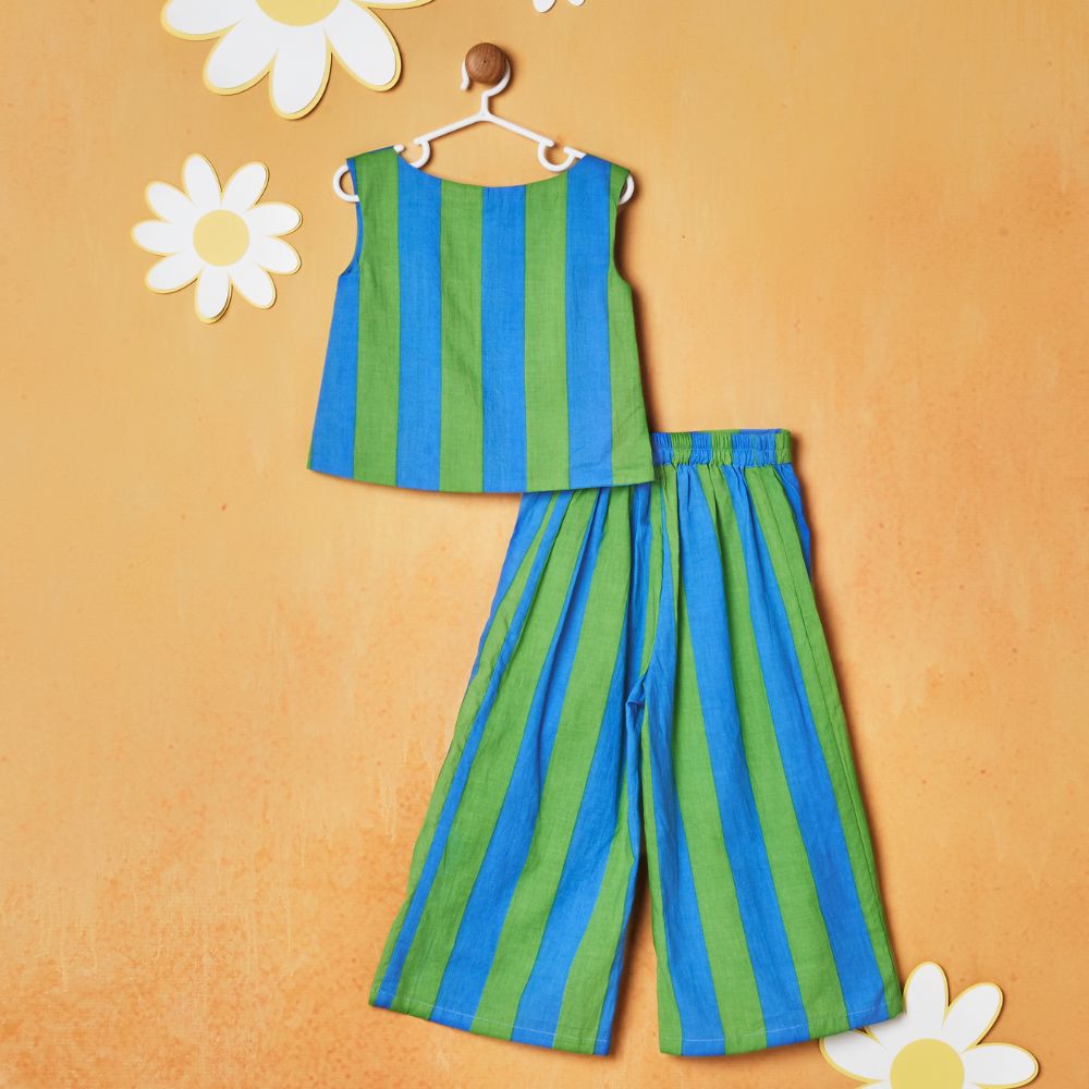 Blue & Green Striped Top With Pant Co-Ord Set