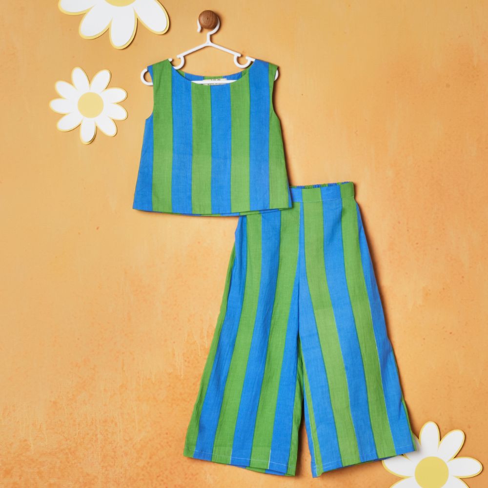 Blue & Green Striped Top With Pant Co-Ord Set