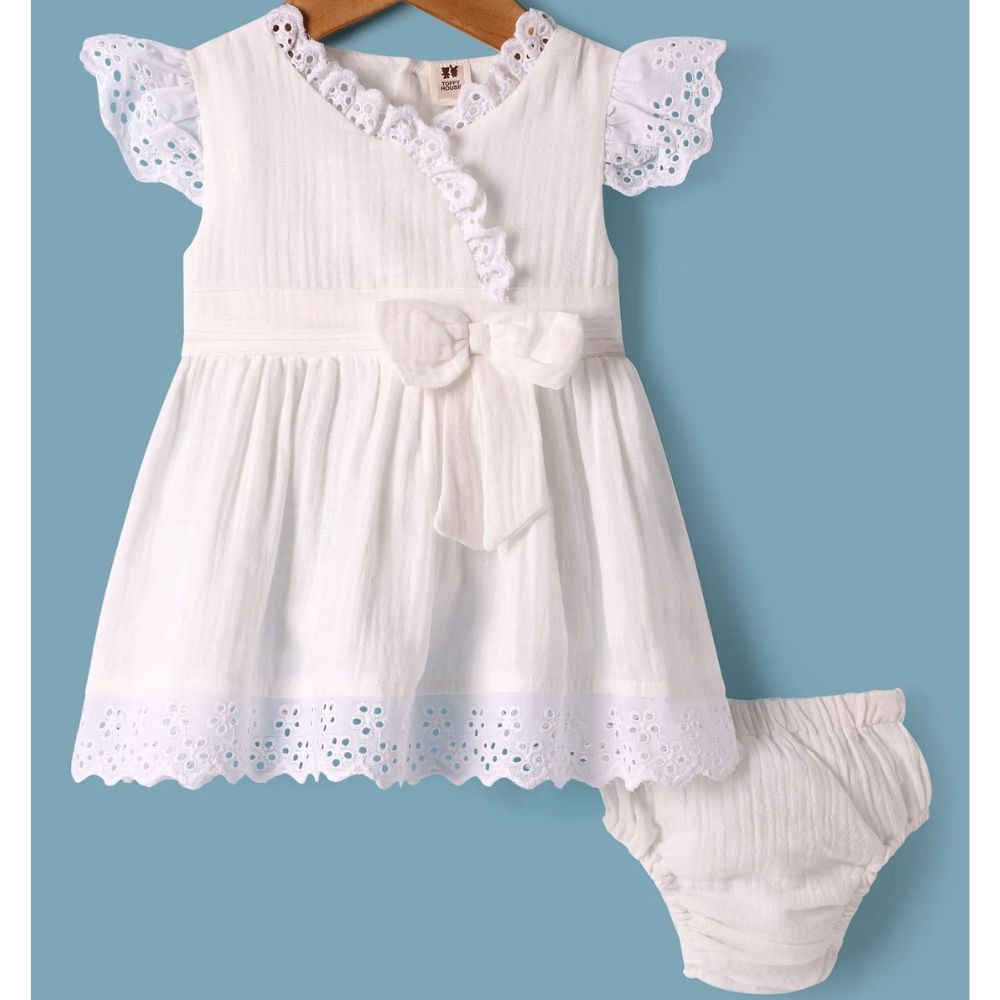 White Cotton Half Sleeves Frock With Bloomer