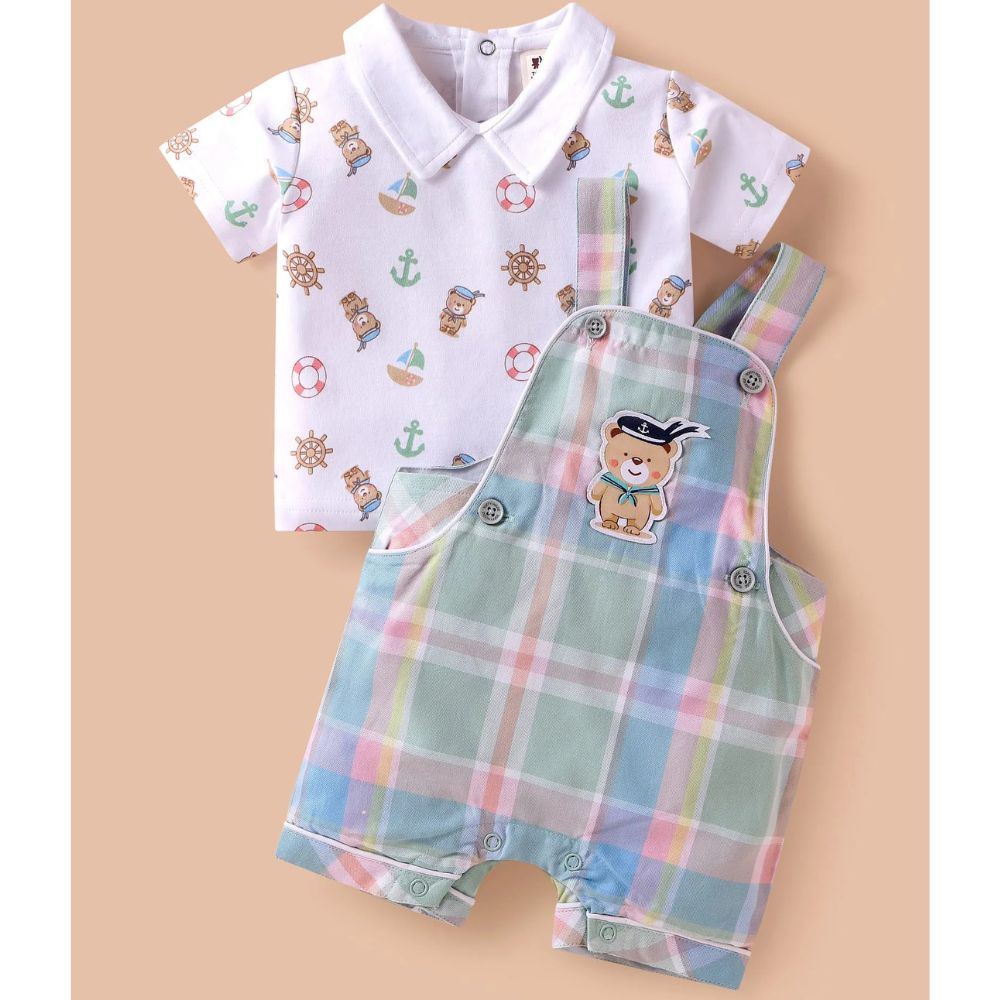 Green Half Sleeves Printed T-Shirt & Checked Dungaree