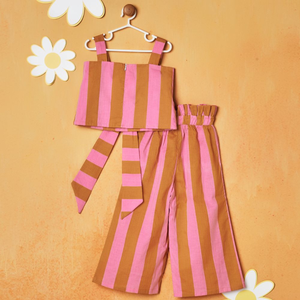 Pink & Brown Striped Top With Palazzo Set
