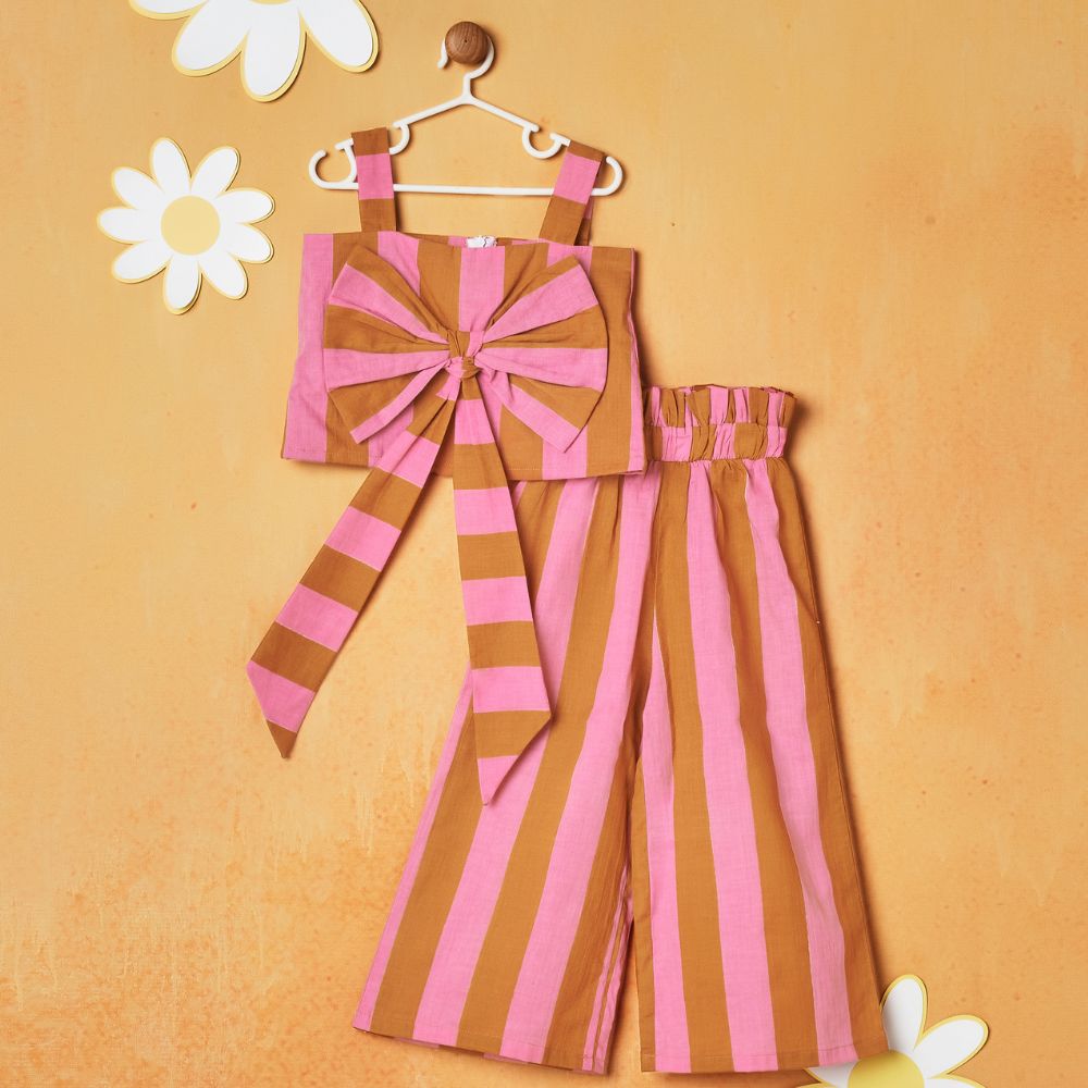 Pink & Brown Striped Top With Palazzo Set