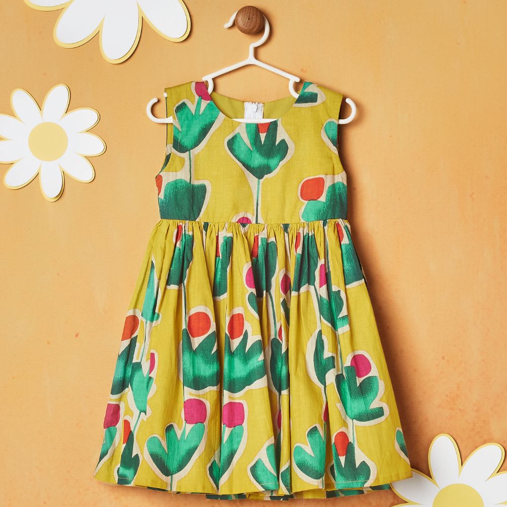 Yellow Floral Printed Sleeveless Dress