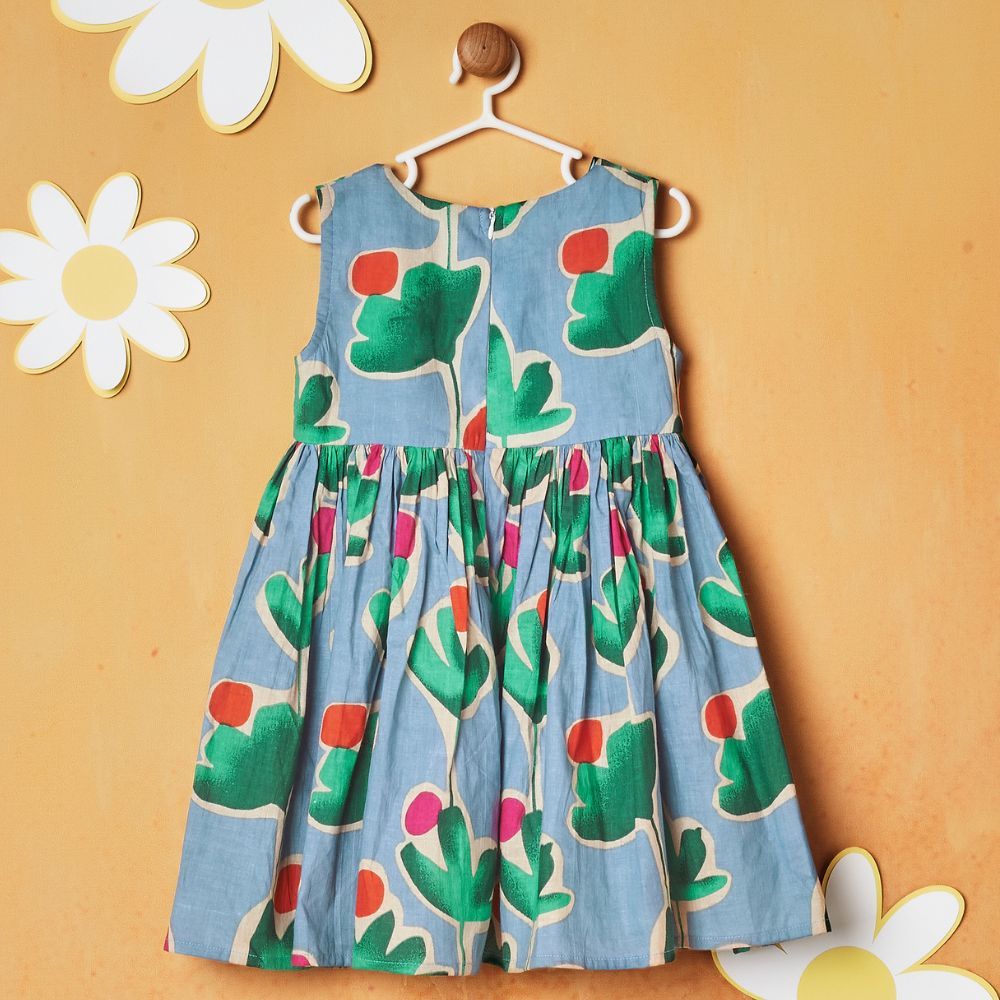 Blue Floral Printed Sleeveless Dress