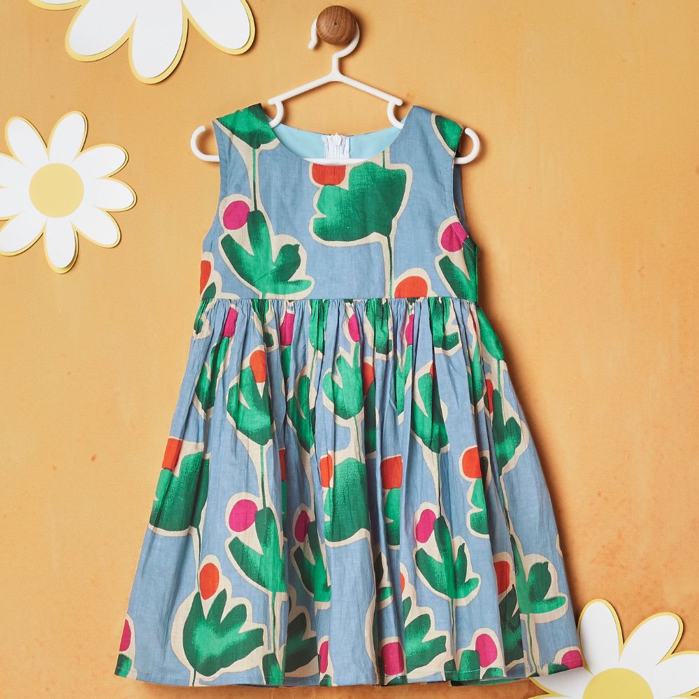 Blue Floral Printed Sleeveless Dress