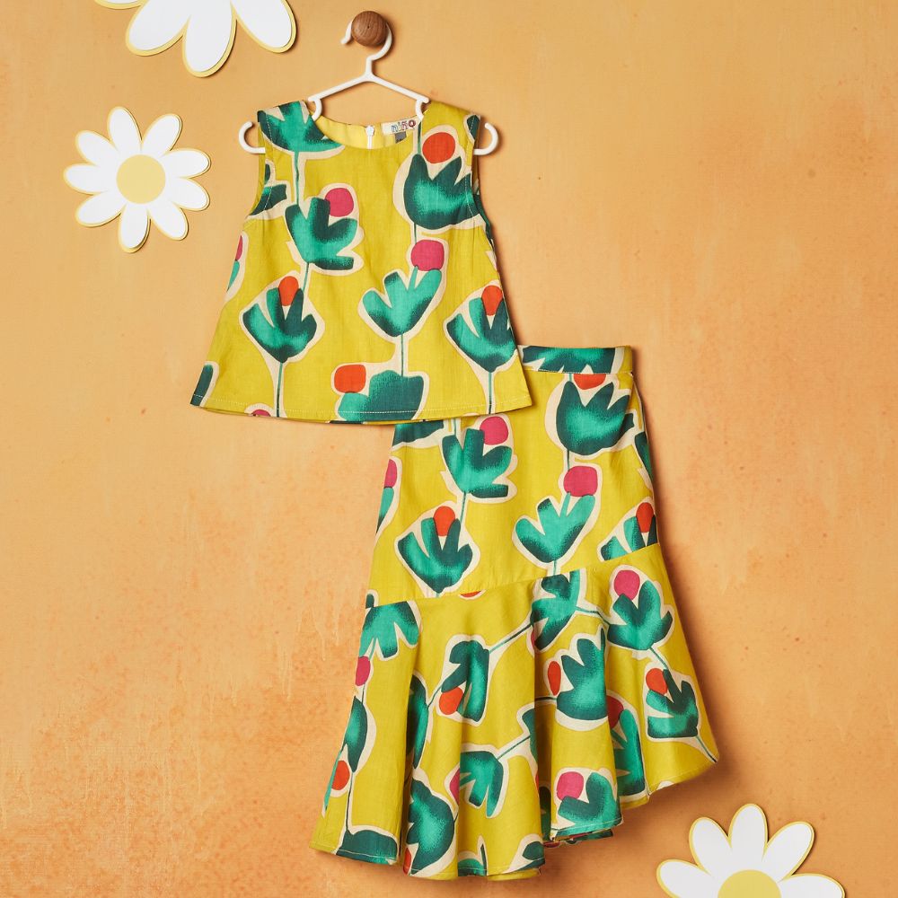Yellow Floral Sleeveless Top With Skirt Set