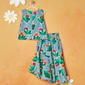 Blue Floral Sleeveless Top With Skirt Set