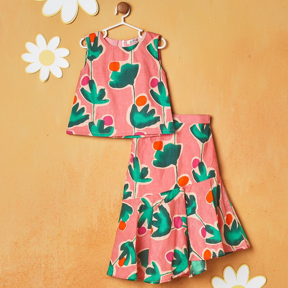 Pink Floral Sleeveless Top With Skirt Set