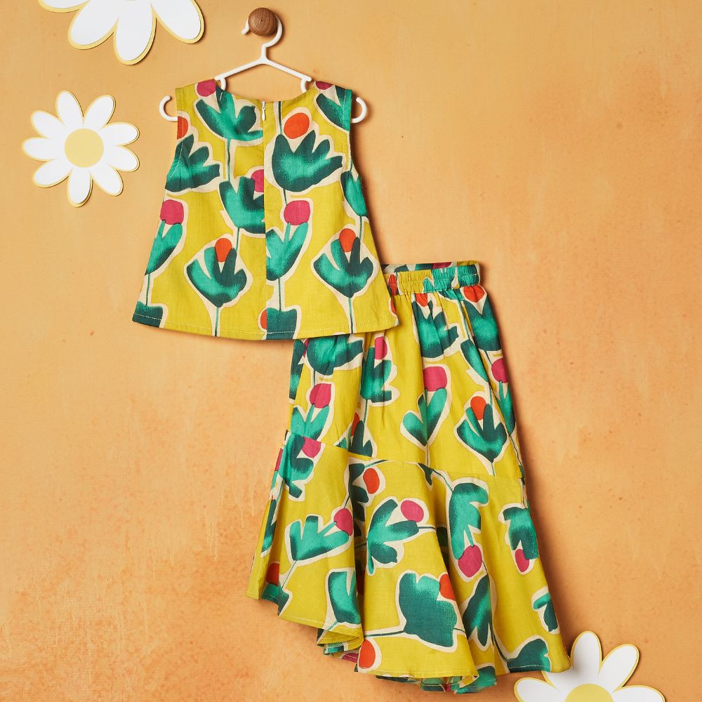 Yellow Floral Sleeveless Top With Skirt Set