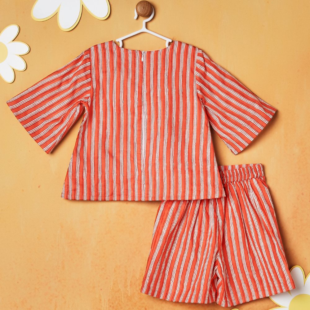 Orange Bell Sleeves Striped Top & Shorts Co-Ord Set