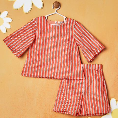 Orange Bell Sleeves Striped Top & Shorts Co-Ord Set
