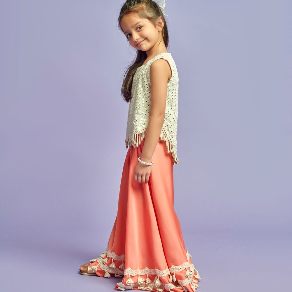 White Embroidered Top With Peach Palazzo