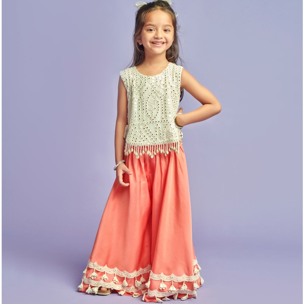White Embroidered Top With Peach Palazzo