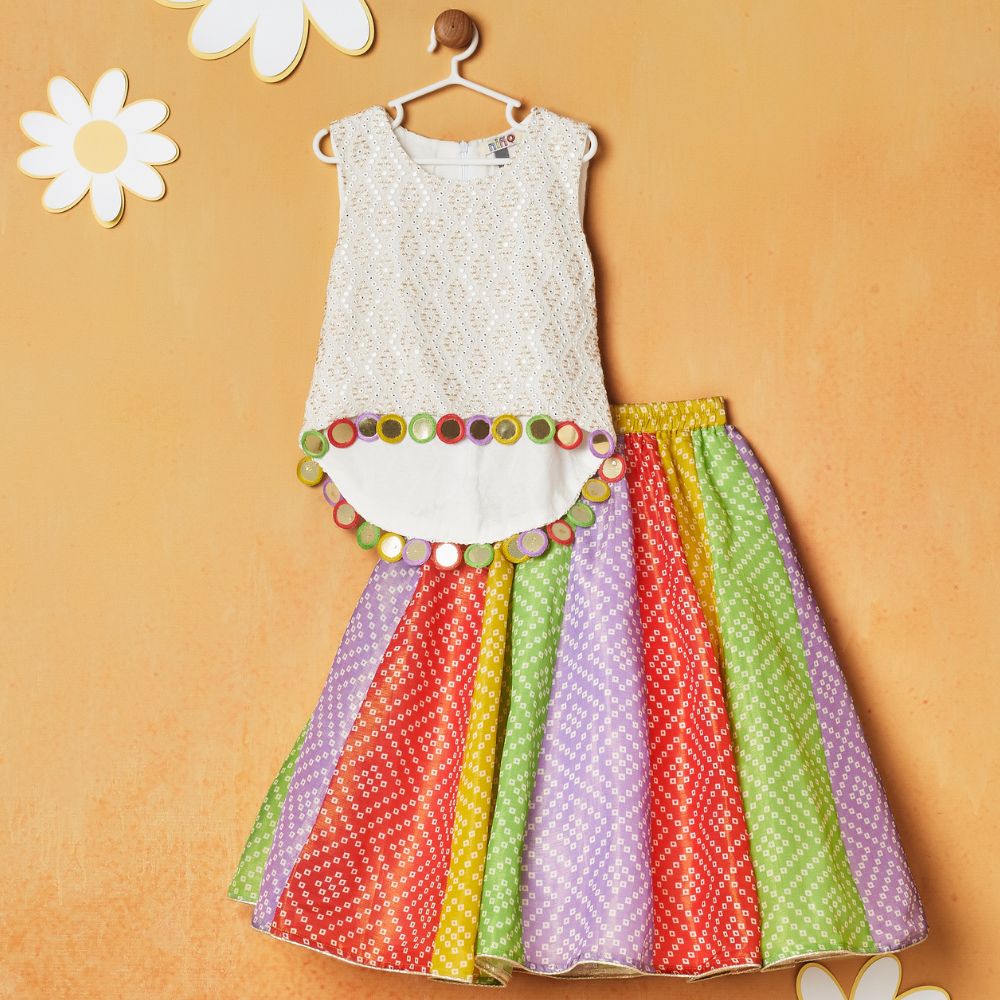 White Mirror Embroidered Top With Multicolor Lehenga Set