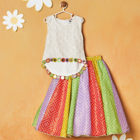 White Mirror Embroidered Top With Multicolor Lehenga Set