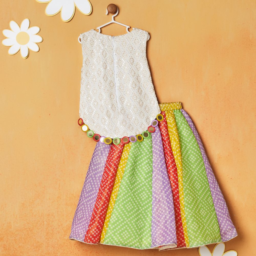 White Mirror Embroidered Top With Multicolor Lehenga Set