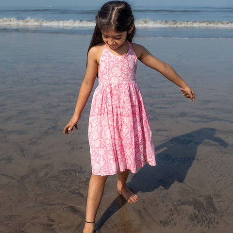 Pink Floral Hand Block Printed Halter Neck Dress
