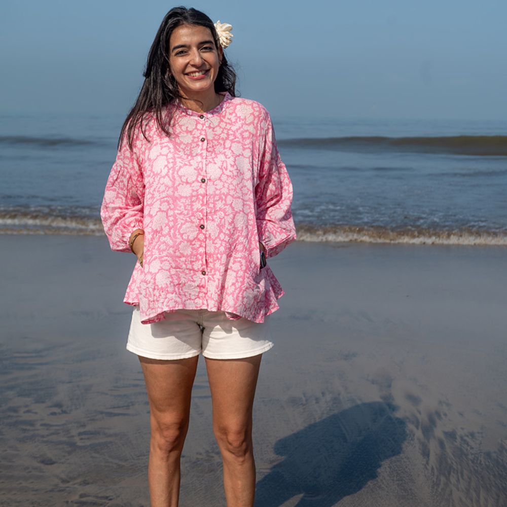 Pink Floral Hand Block Printed Mal Mal Kedia Top