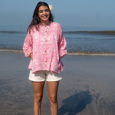 Pink Floral Hand Block Printed Mal Mal Kedia Top