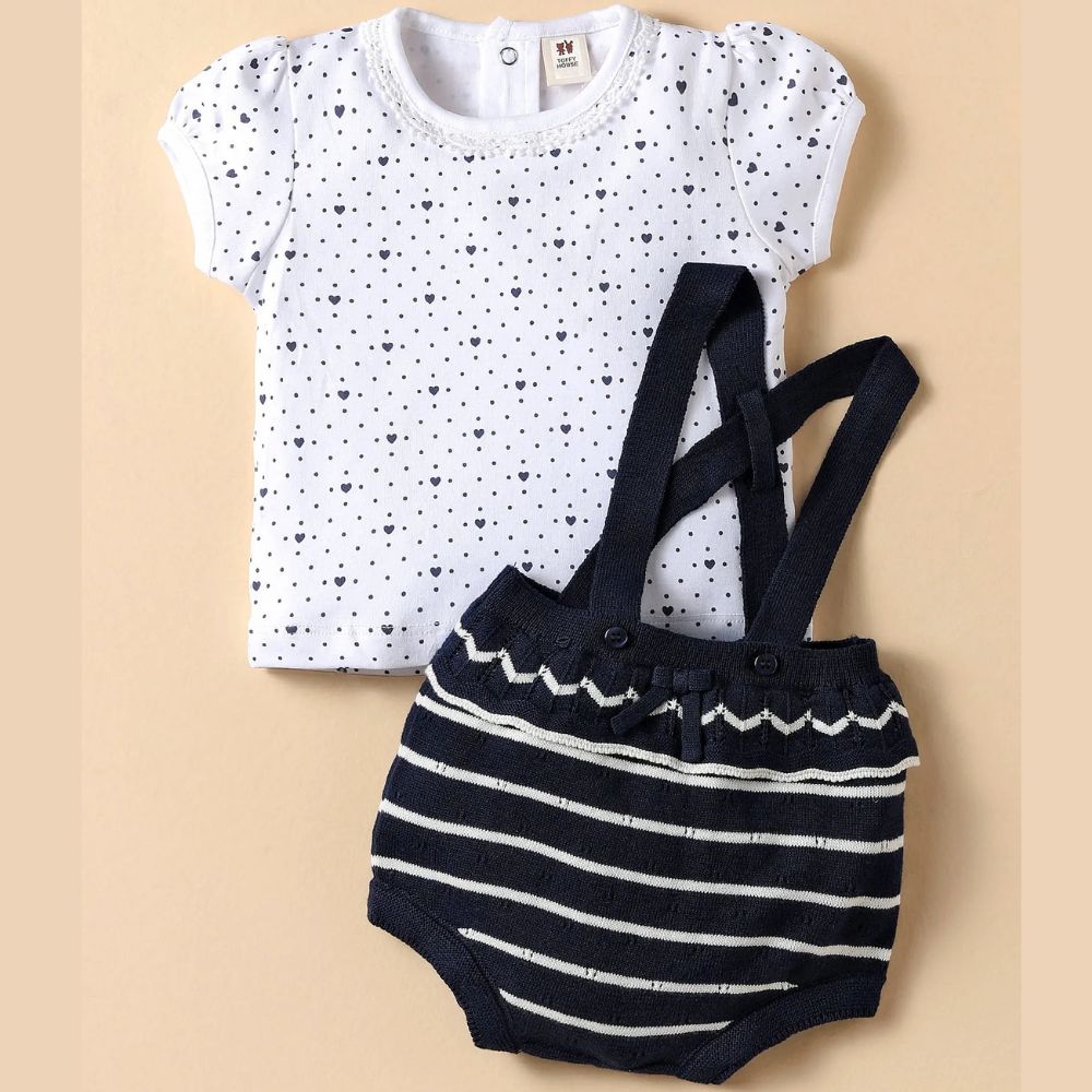 Cotton Knit Striped Dungaree With Half Sleeves T-Shirt