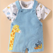 Load image into Gallery viewer, Blue Jungle Theme Embroidered Printed Dungaree &amp; Half Sleeves T-Shirt
