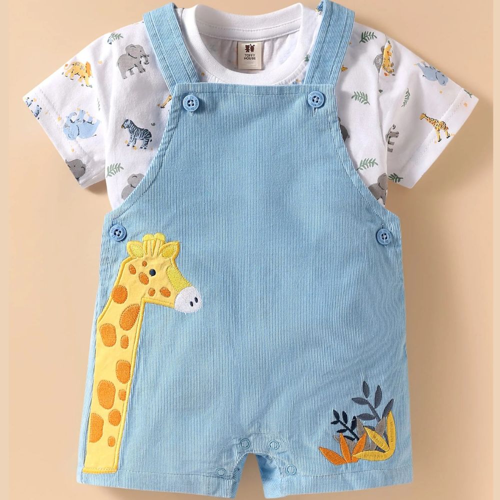 Blue Jungle Theme Embroidered Printed Dungaree & Half Sleeves T-Shirt
