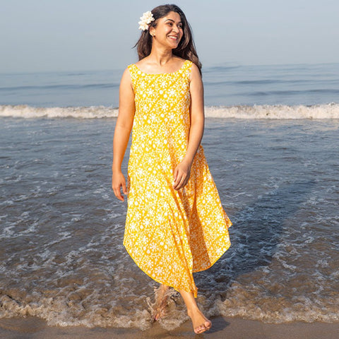Yellow Floral Hand Block Printed Dress