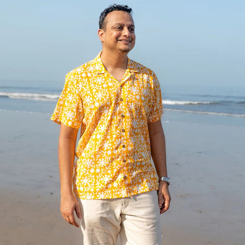 Yellow Floral Hand Block Printed Mal Mal Shirt